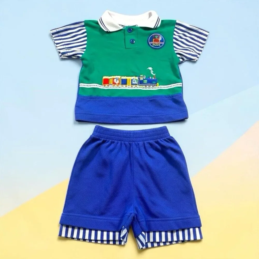 Vintage Buddy Boys Baby Boy 2pc Polo Shorts Set 18 Months Train Embroidered 90s